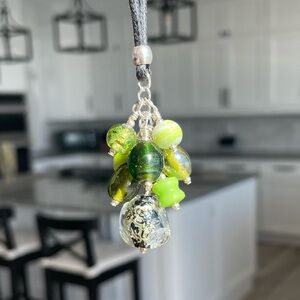 Handmade Green Glass Beaded Grape Necklace Pendant on 18” Black Cord